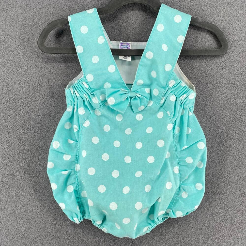Vtg 80s 90s Fantasy Valley Playsuit Jumper Romper 24mo Blue White Polka Dot Cute